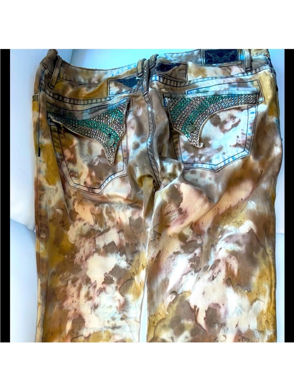 Embellished Back Pocket Tie-Dye Jeans - Green Crystal Accents